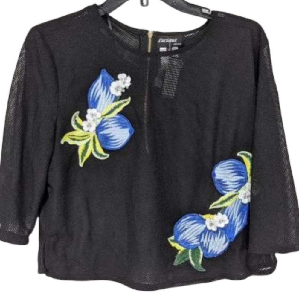 NWT Luciana Knitwear Boutique Mesh Semi Sheer Knit Floral Applique Top sz XL